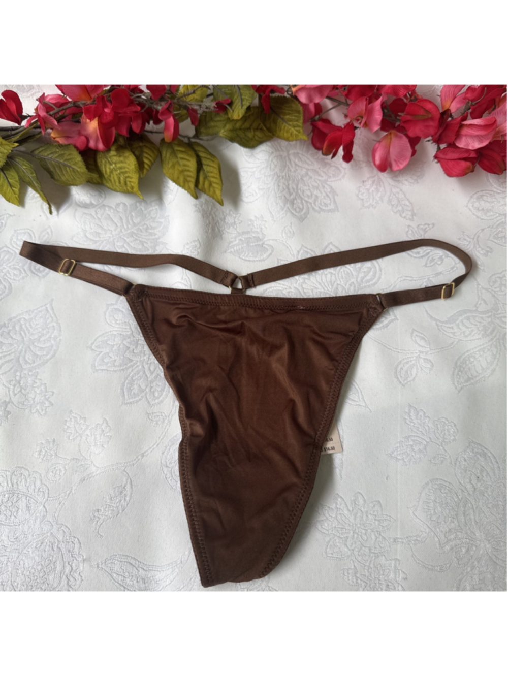 VICTORIA'S SECRET L LARGE BROWN SILKY V STRING THONG PANTIES ADJ SIDES NWT